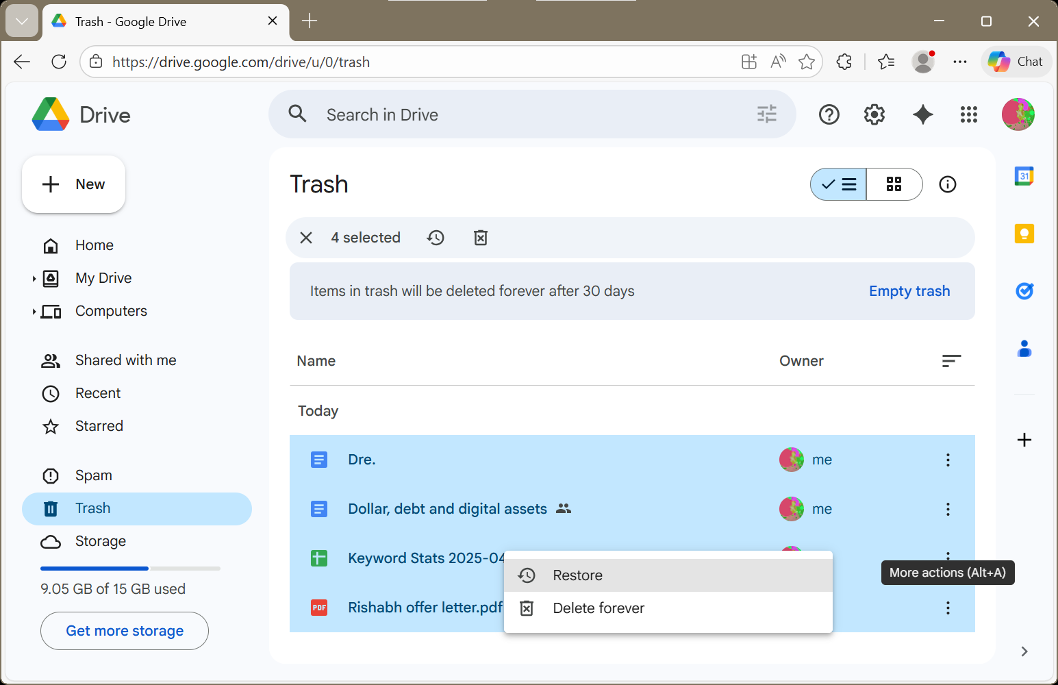 Right-click the file you want to restore